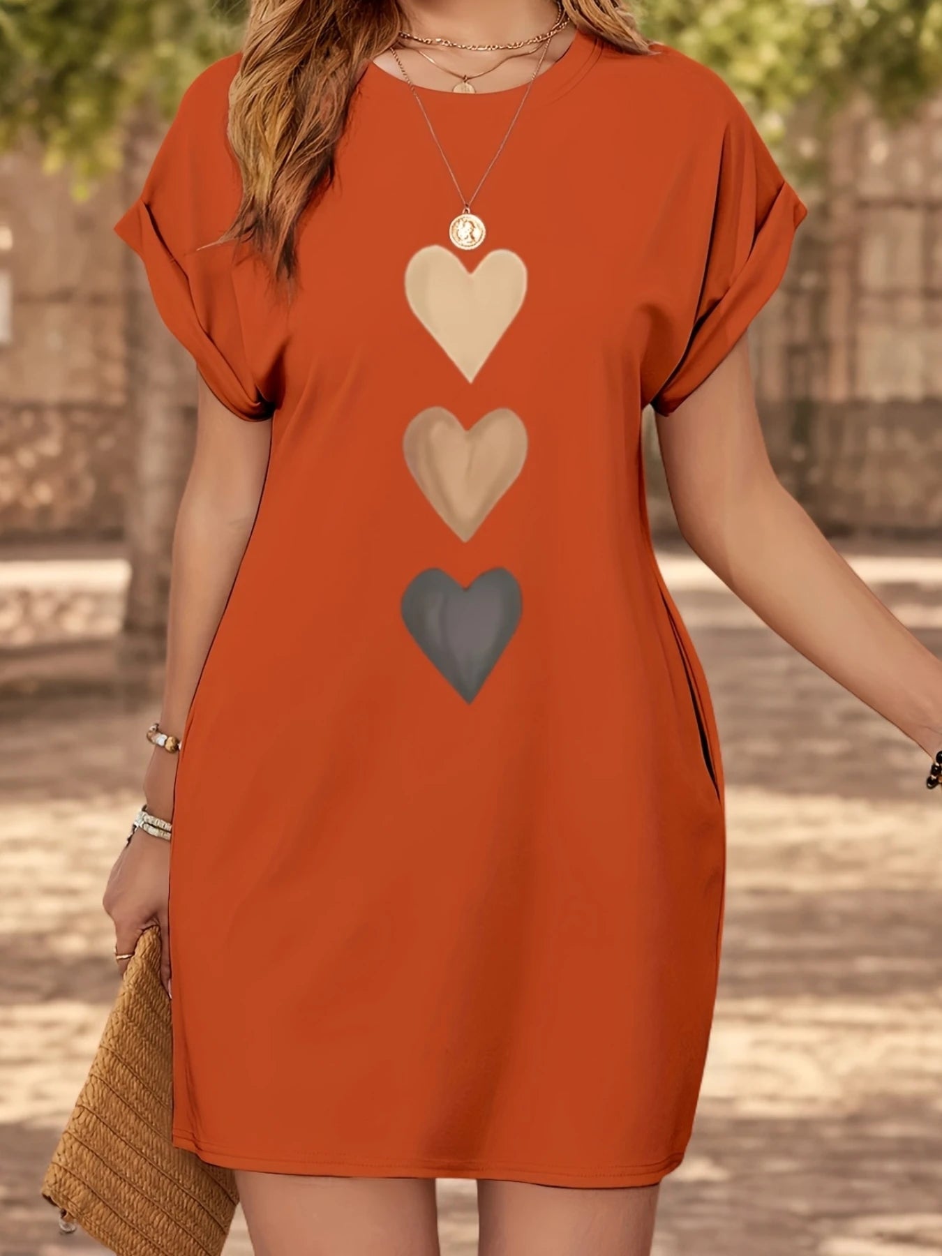 Knit TShirt Dress with Heart  Print Crew Neck Short Sleeve Fashionable