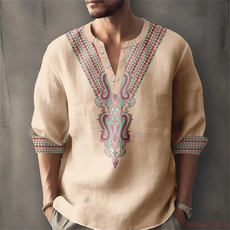 Long sleeved shirt for summer vacation, a color-blocked geometric print and Henley collar