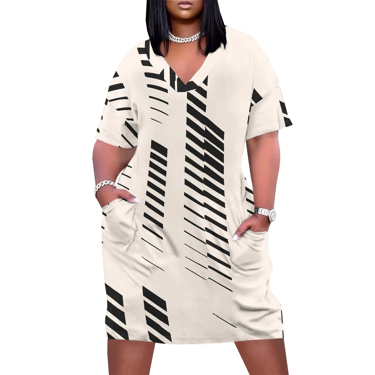 V Neck Short Sleeve with Front Two Pockets Solid Color Oversize Dress