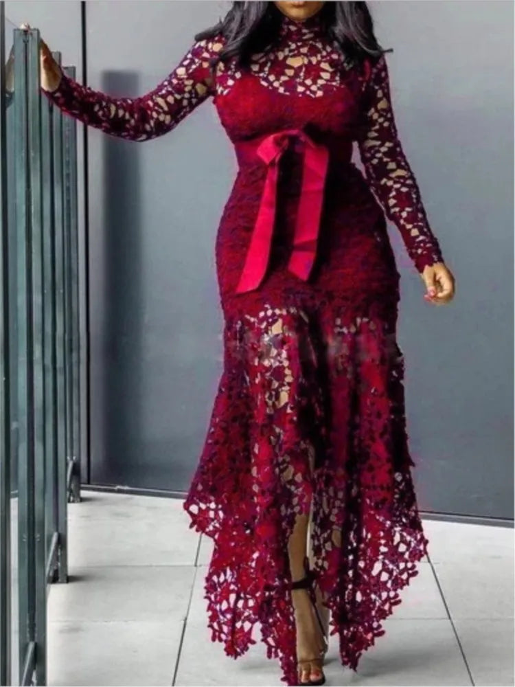 French Lace Bubble Sleeves Waist Cinching Slimming Dress Elegant Long Dress