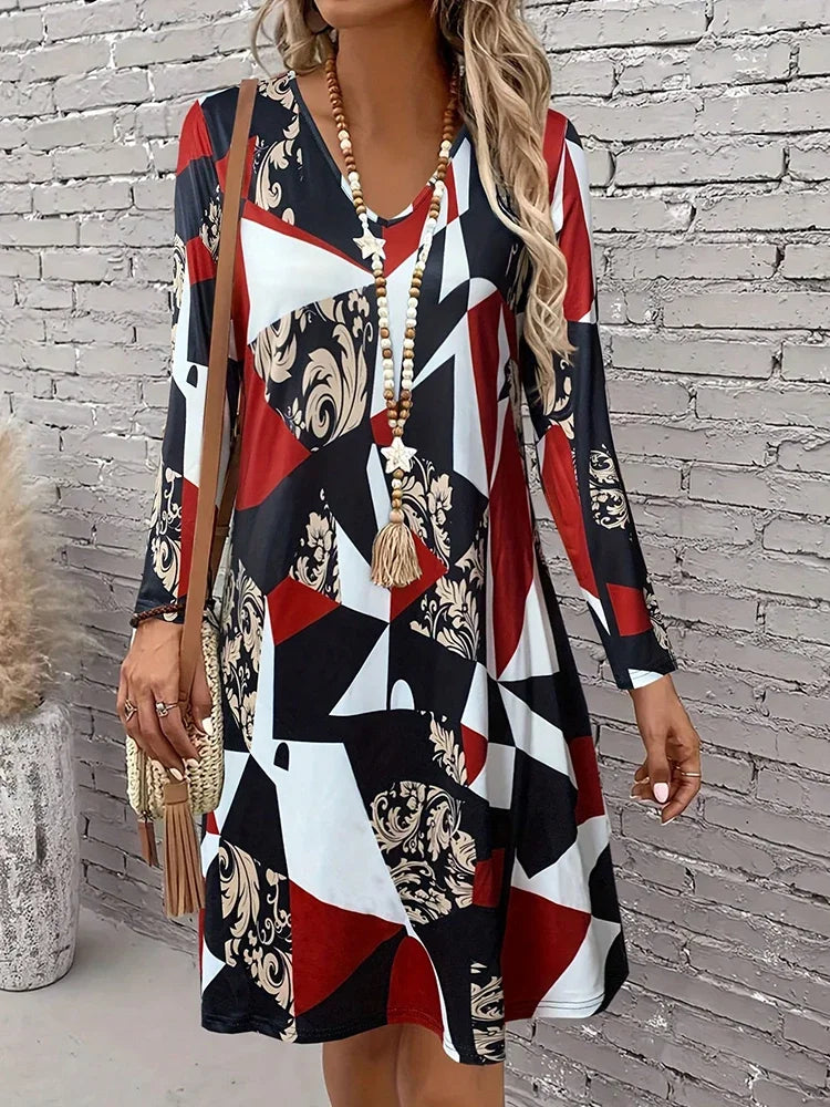 Long Sleeve  Scallop  Mini  V-neck Dress