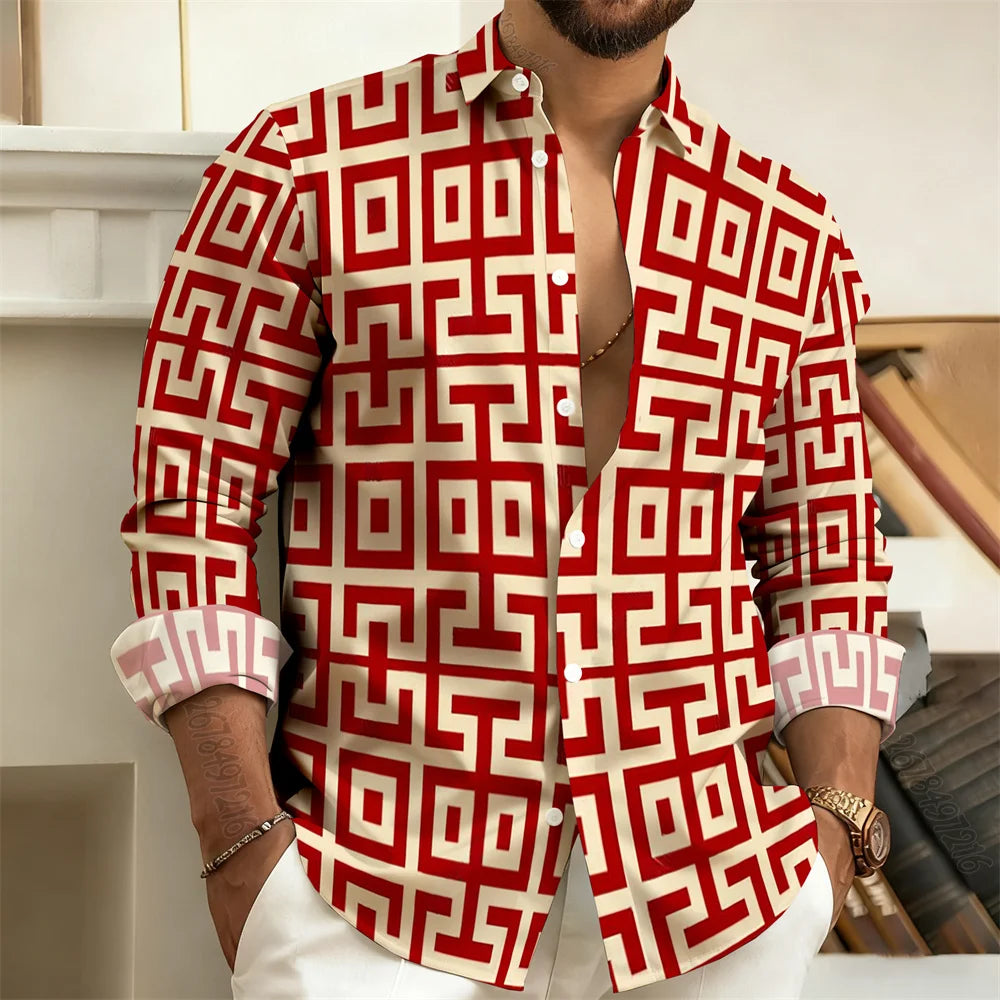 Long-Sleeved Polo Shirt, Vintage Print Style with Greek Key Pattern