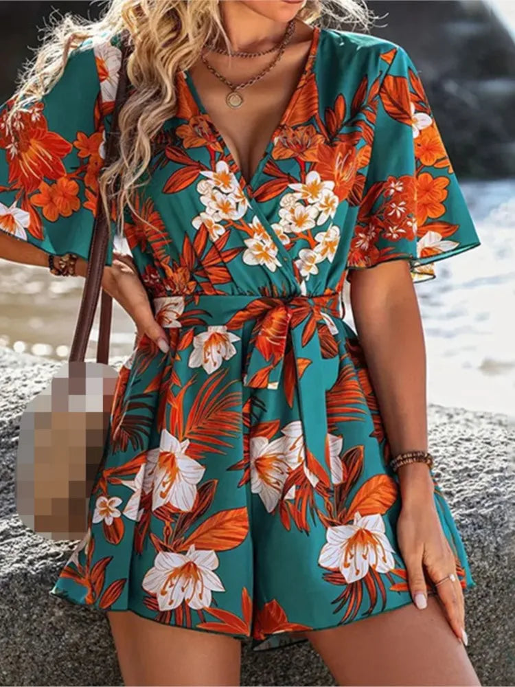 Vacation Wind Lotus Leaf Sleeves V-neck Belt
