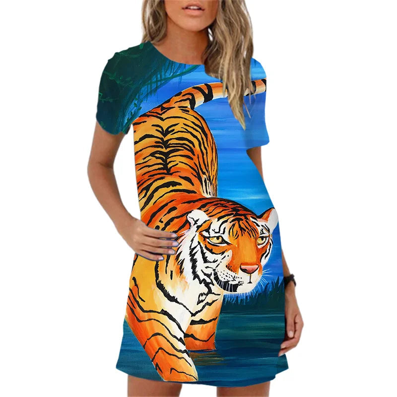 Tiger Pattern Printing Short Sleeve  Summer  Mini Dress