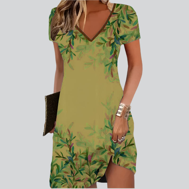 Summer Short Sleeve V-Neck A-line Knee-length Dress