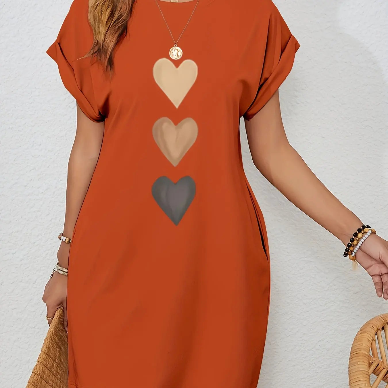 Knit TShirt Dress with Heart  Print Crew Neck Short Sleeve Fashionable