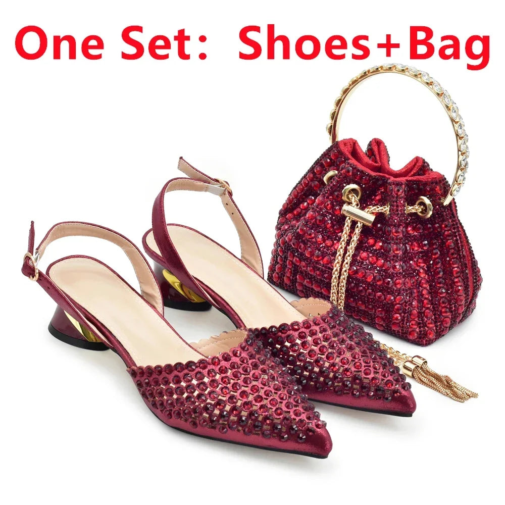 Italian Shoes with Matching Bags Set Decorated with Rhinestone