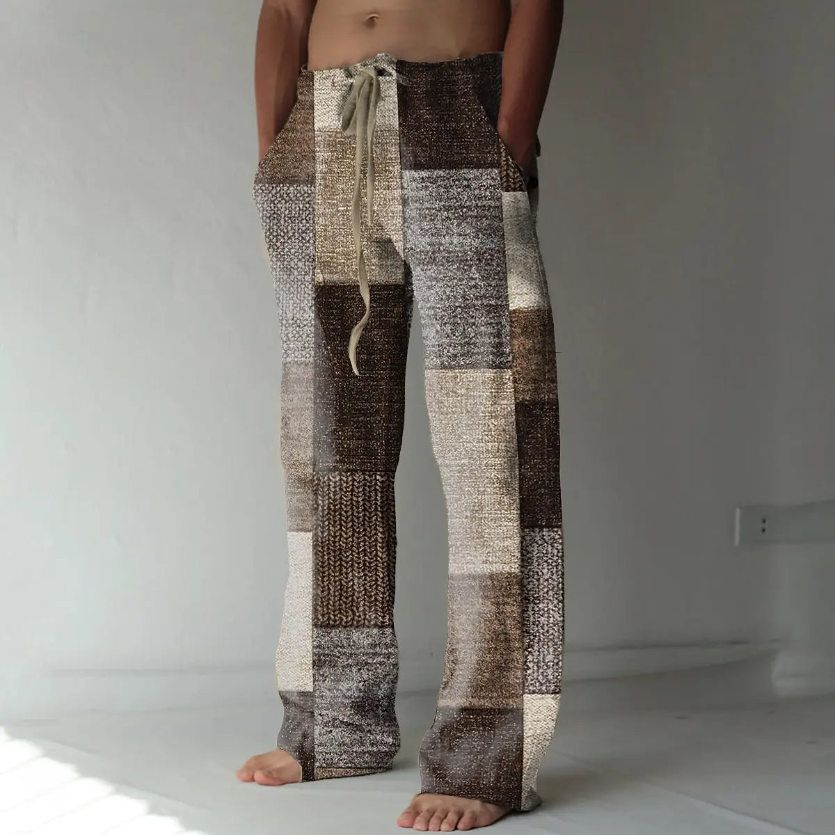Men's Color Block Geometric Pattern Pants Trousers Mid Waist Drawstring Elastic Waist Casual Outdoor Wide-leg Trousers for Men