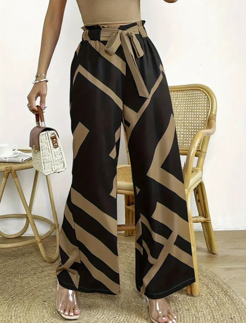 Geometric Pattern Print Wide Leg Pants Bow Front High Waist Pants For Every Day