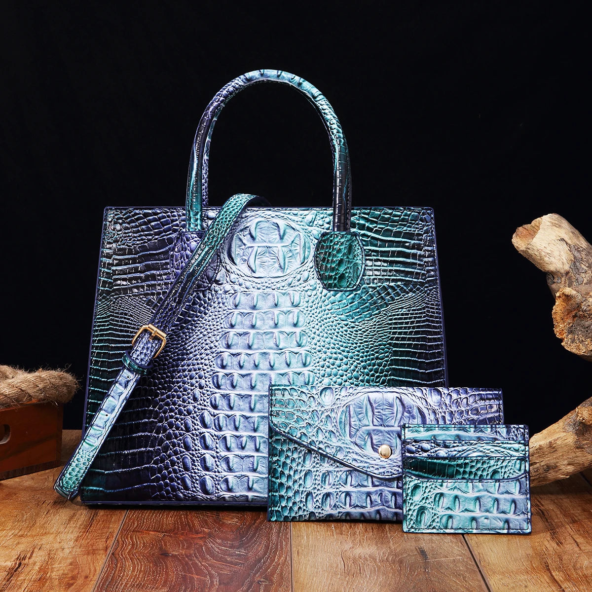 3 set Crocodile Pattern Handbag & Purses Set, Multi-functional Vintage Top Handle Crossbody Bag & Business Clutch Bag