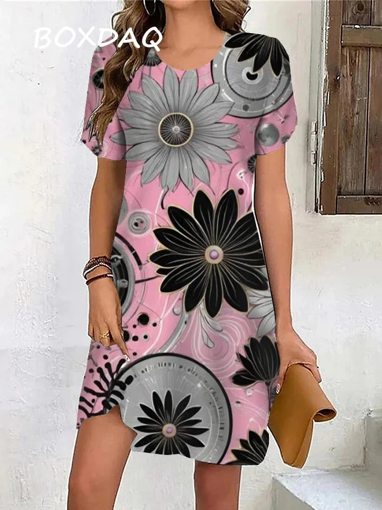 Summer women's short sleeve dress Print Loose Beach Dress