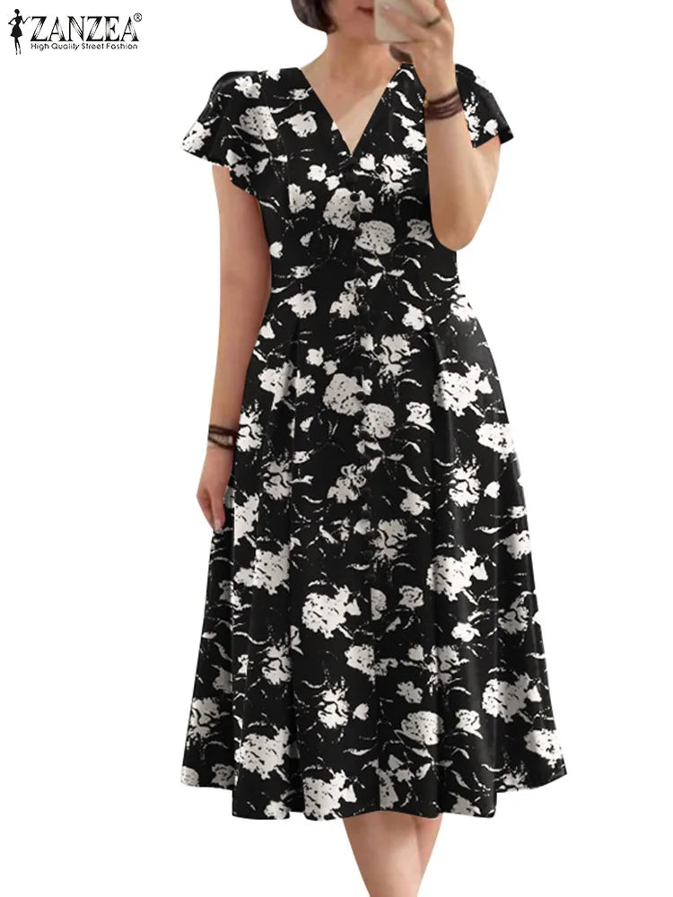 Summer Midi V-neck Fitted-waist Party Sun Dress