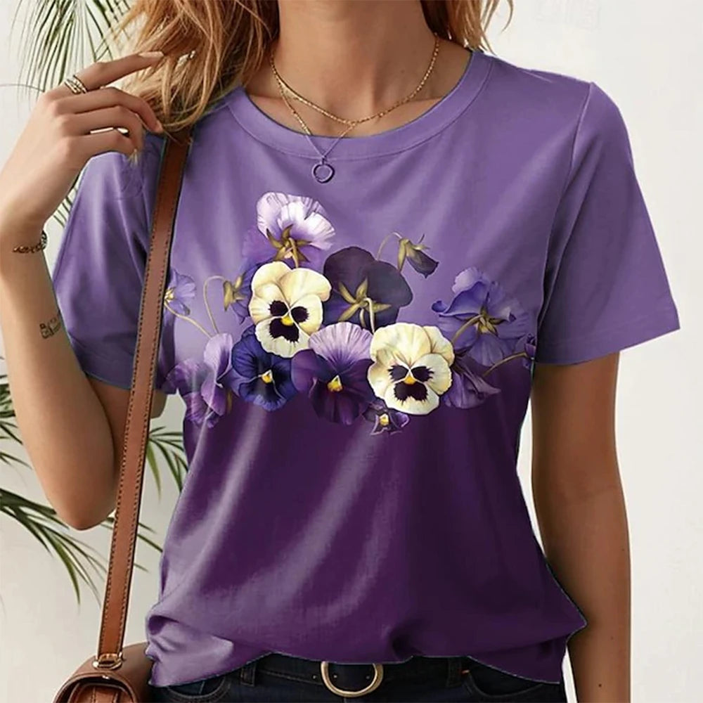 Short Sleeve T-Shirts 3d Flower Print Round Neck