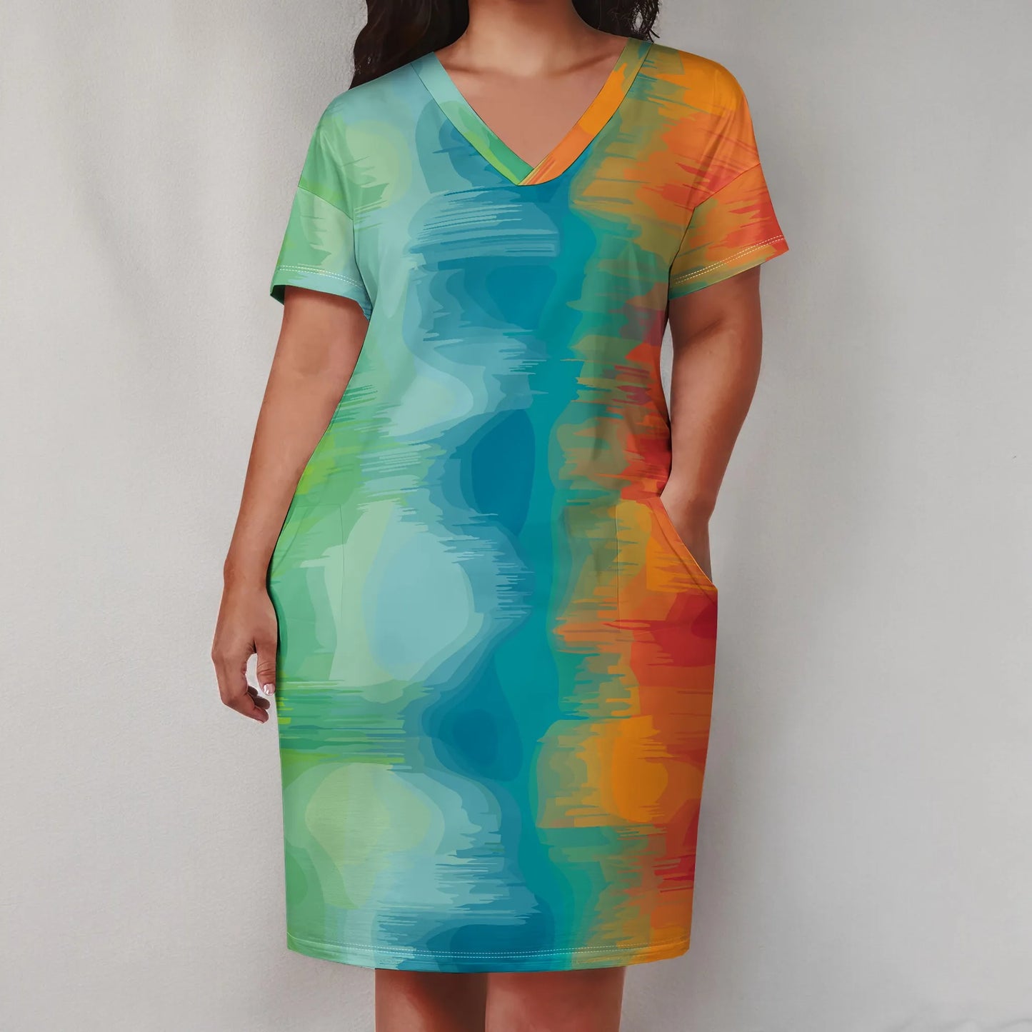 V Neck Short Sleeve with Front Two Pockets Solid Color Oversize Dress