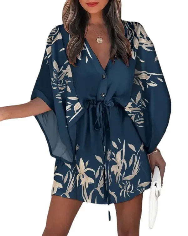 Summe New Floral Print Bat Half-Sleeve V-Neck
