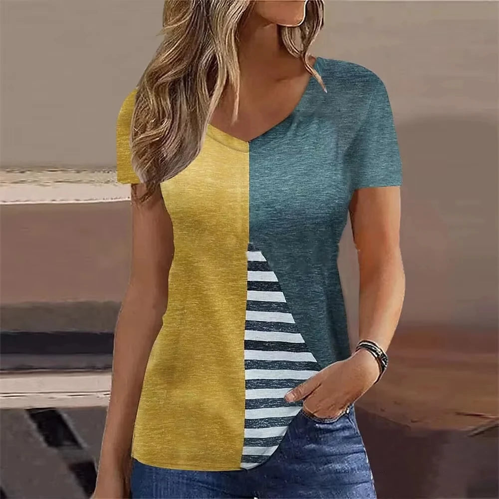 Blue V-Neck Short Sleeve Summer Tops Tees