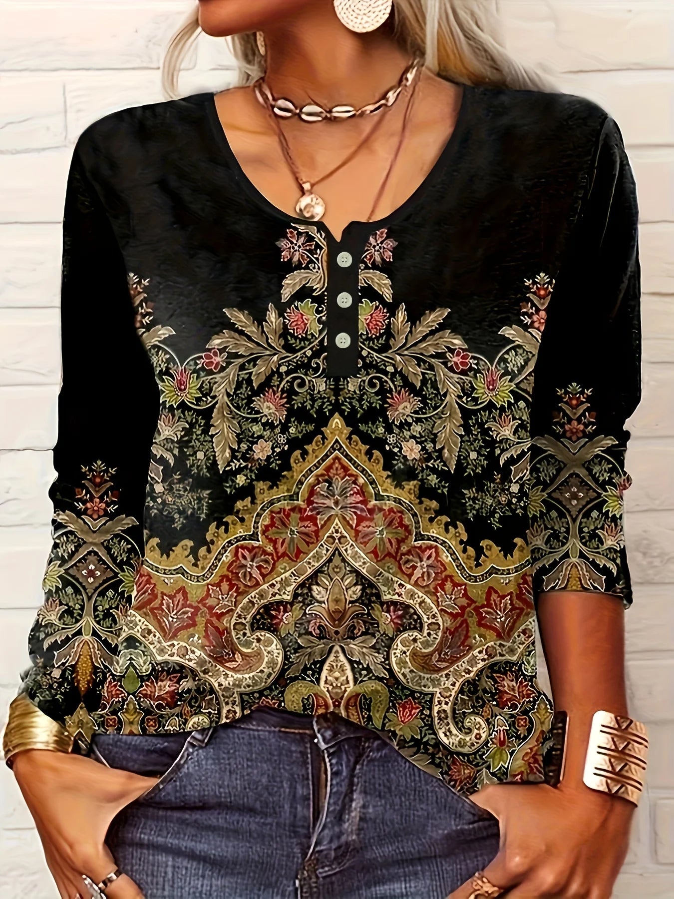 thin button ethnic print plus size women's long-sleeved T-shirt