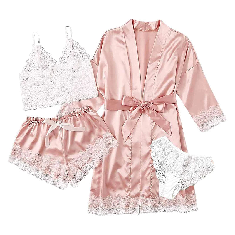 4 Pieces Lace Satin With Silk Sleepwear Robe Comfortable Nightwear
