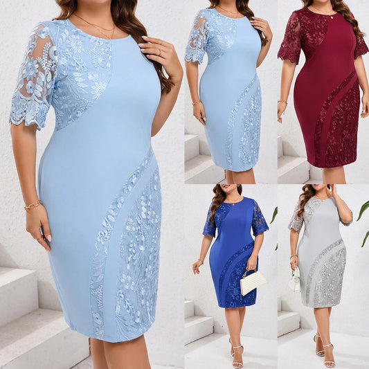 Plus Size Summer Dresses for Wedding Guest Women's Short Sleeve O-Neck Lace Floral Party