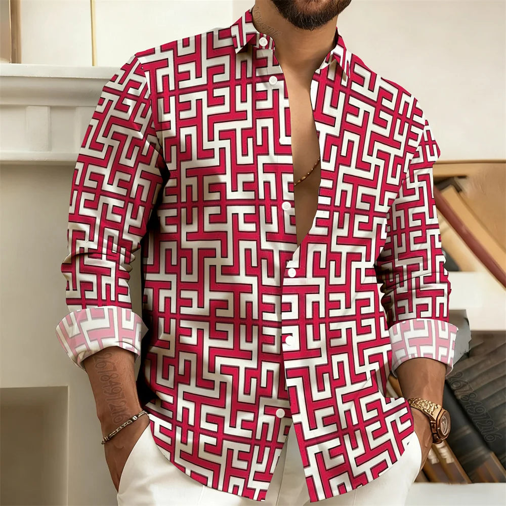 Long-Sleeved Polo Shirt, Vintage Print Style with Greek Key Pattern