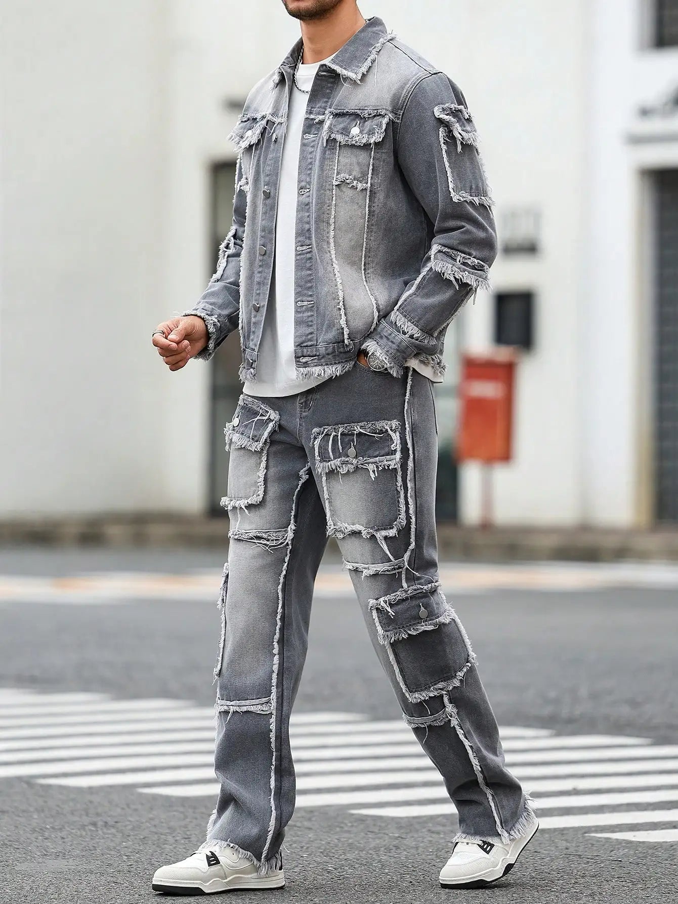 Men's Street Style Raw-Hem Grey Denim Set, a minimalist and fashionable two-piece