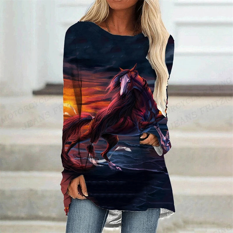 Horse T Shirt Long Sleeve Tops Tees Ladies
