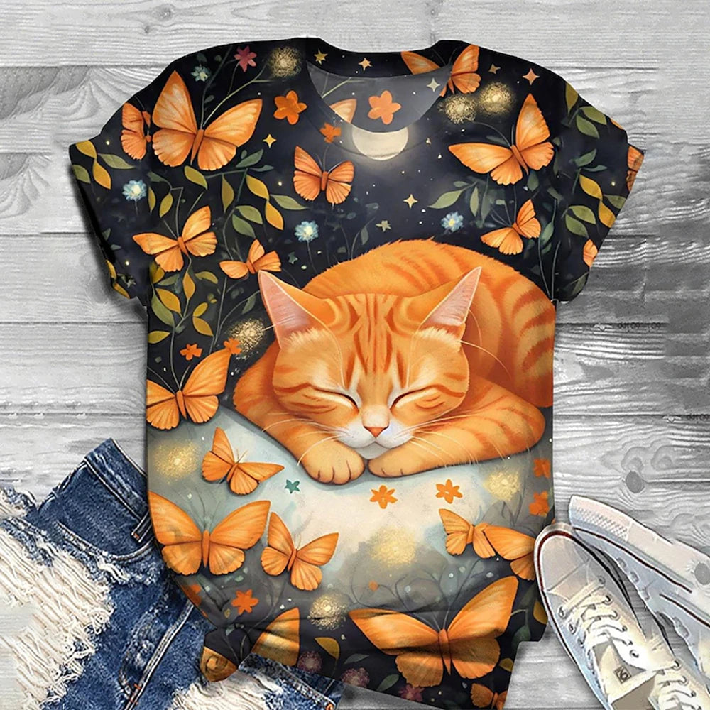 Short Sleeve T-Shirts 3d Flower Print Round Neck