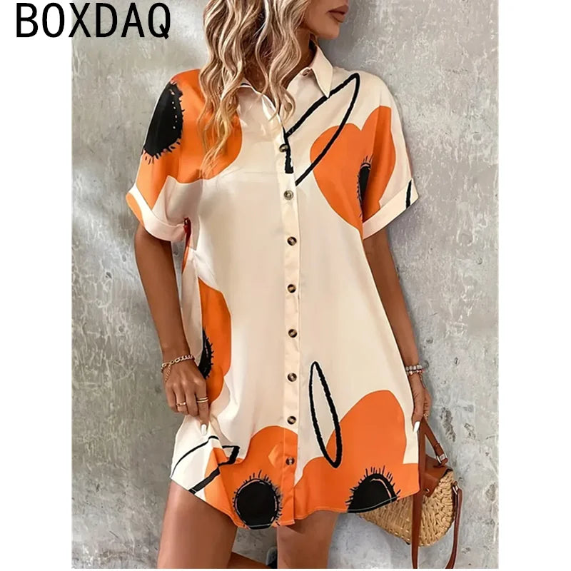 Summer Short-sleeved Lapel Mini Dress