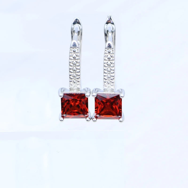 Woman Earrings Ring Pendant Necklace silver Jewelry Square Garnet Red Stone 3Set