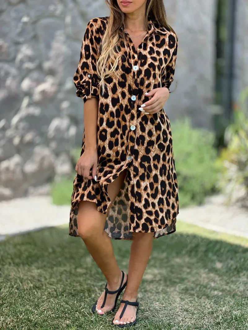Leopard Print Shirt Dress Herbst Kleider Vestido Femininos