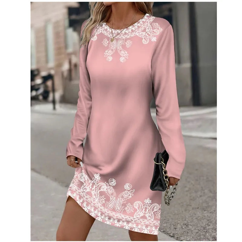 Round Neck Long Sleeved Plant Flower Printed Dress Vintage Gradient