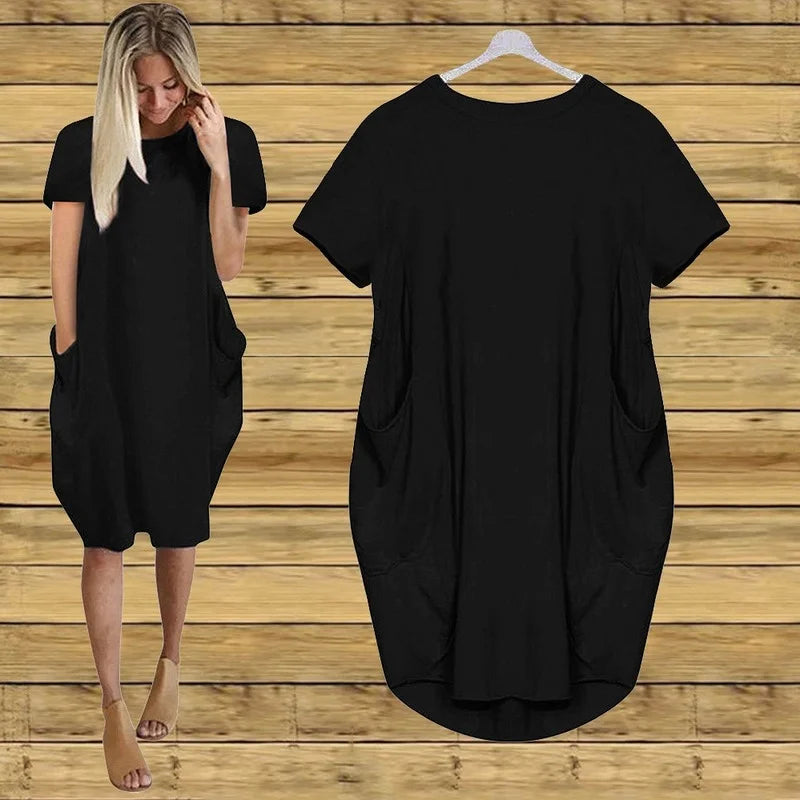 Short Sleeve  Round Neck Pockets Sexy Female Dress