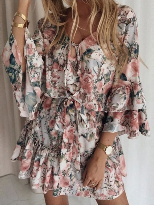 Summer Sexy V-neck Lace Up Flared Sleeve  Mid Waist Short Dress