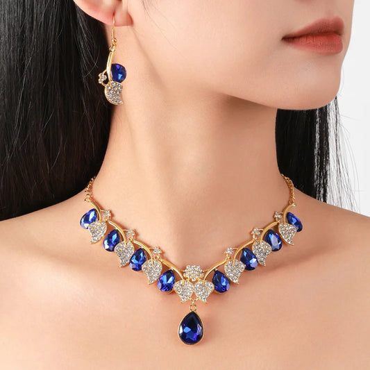 Blue Water Drop Full Diamond Leaf Necklace And Earrings