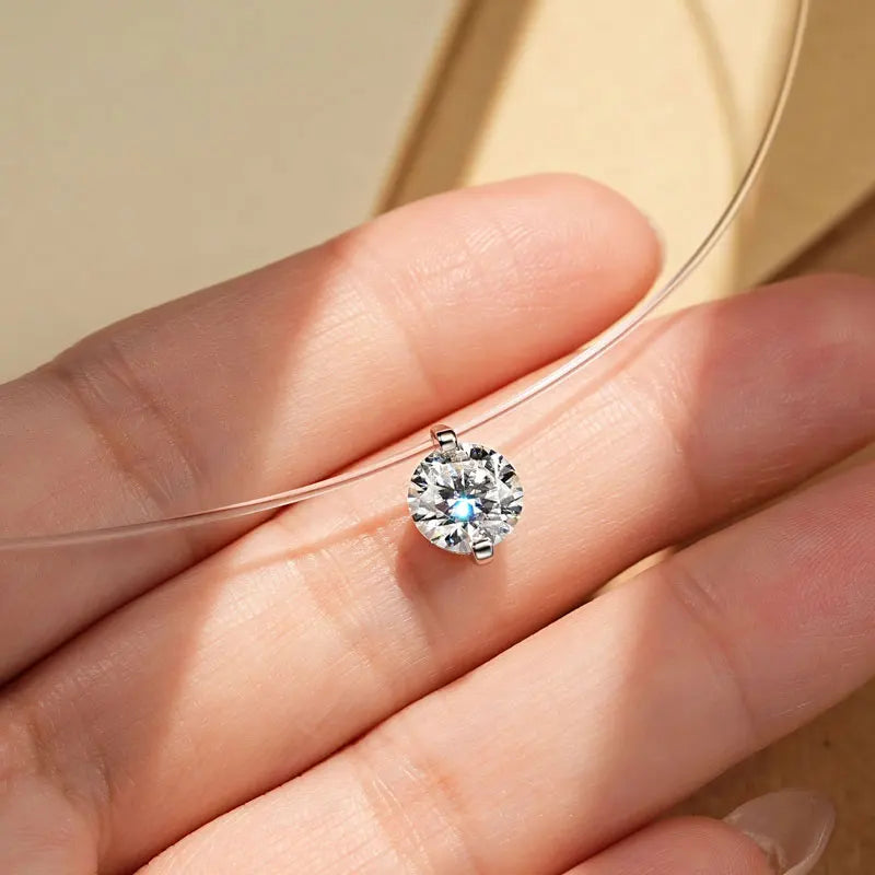 Silver Solitaire Necklace for Women Invisible Fish Line Chain
