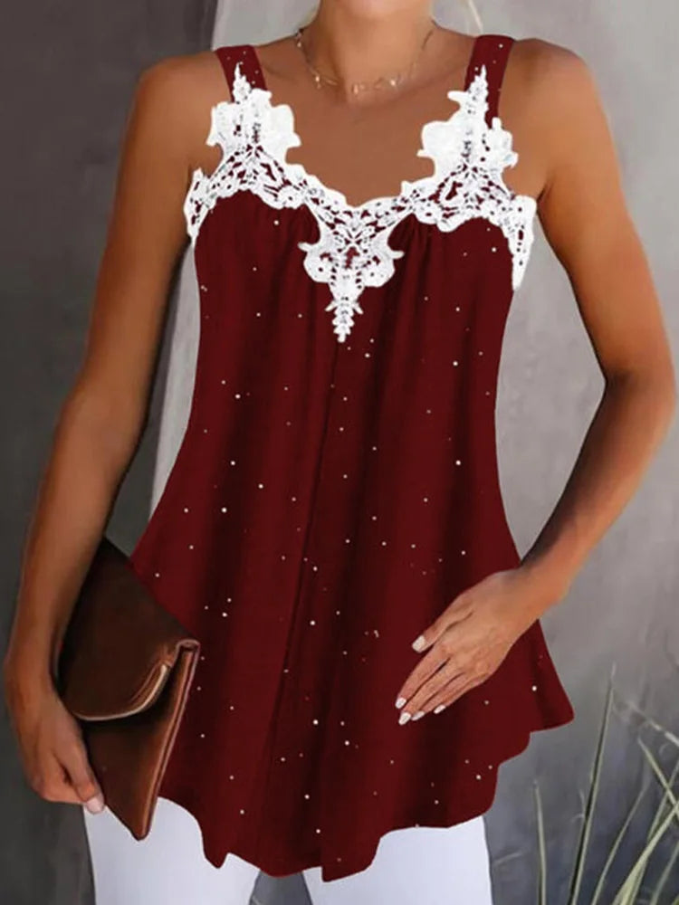 Luxurious V-Neck Sleeveless Lace Patchwork Solid Color