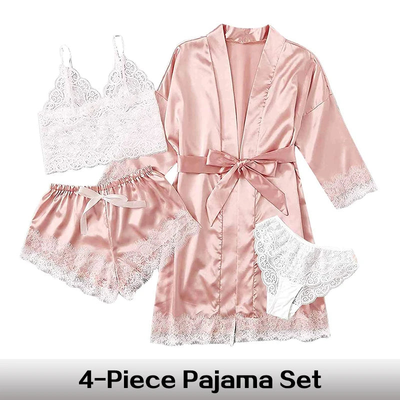 4 Pieces Lace Satin With Silk Sleepwear Robe Comfortable Nightwear