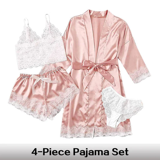 4 Pieces Lace Satin With Silk Sleepwear Robe Comfortable Nightwear