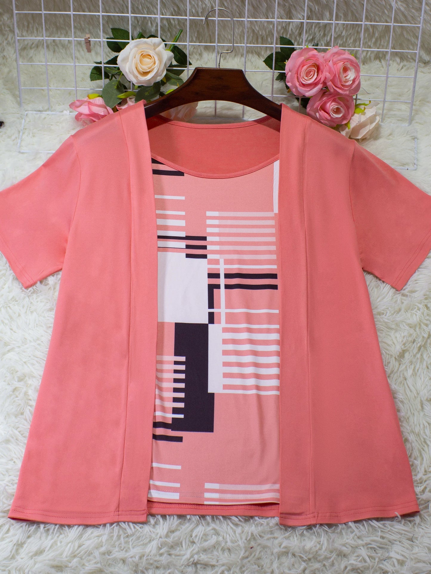 Elegant Geometric Print Mock Two-Piece T-Shirt  Summer Casual Top
