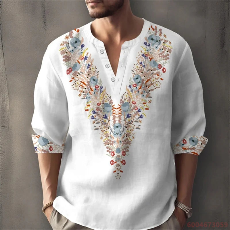Long sleeved shirt for summer vacation, a color-blocked geometric print and Henley collar