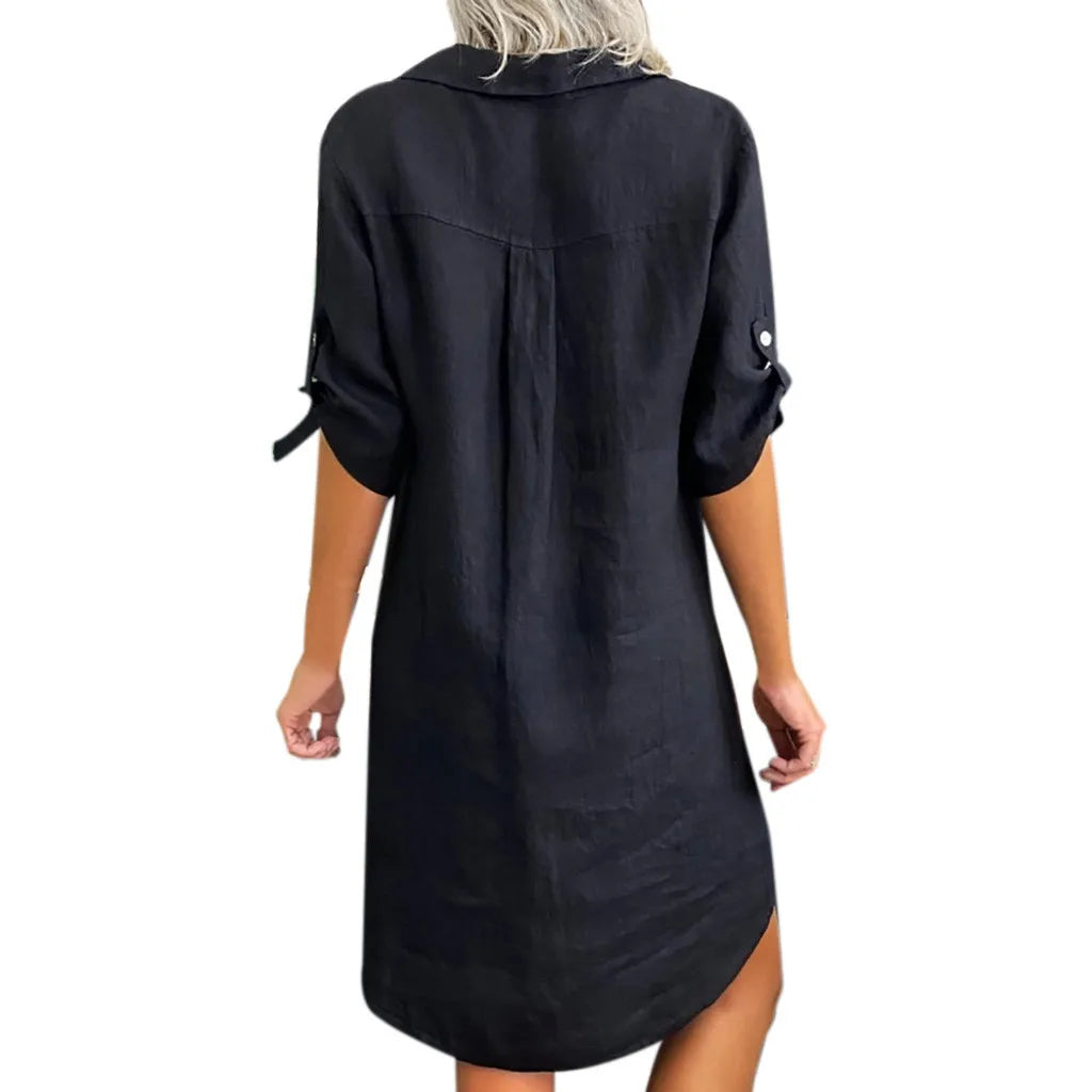 Blouse Dress Vintage Short Sleeve Loose Solid Mini Dress
