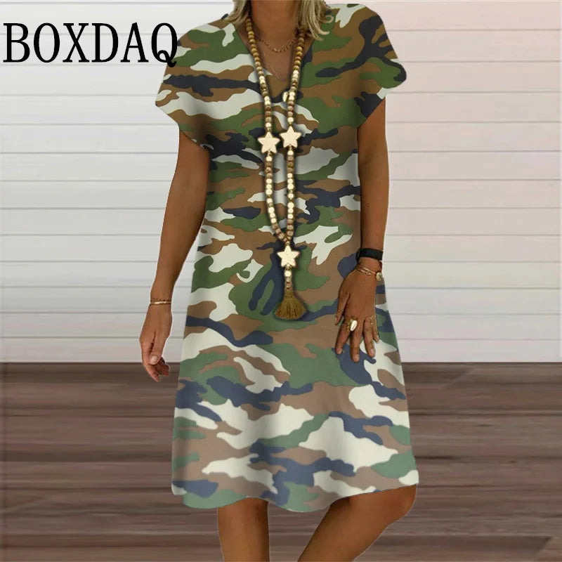 Camouflage Print Midi Dress V-Neck Summer Clothing