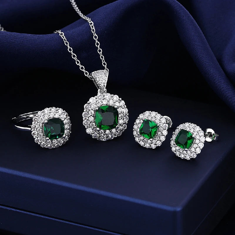 Luxury Jewelry Sets Ring Earrings Necklace with Emerald Zircon 925 Silver Jewelry