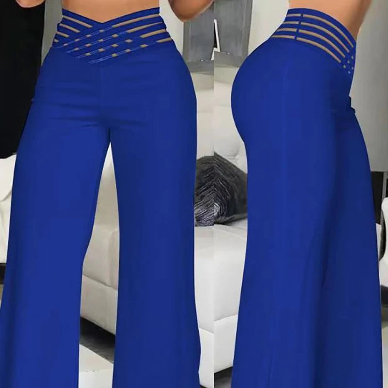 Fashionable Trendy Women's Hollowed Out Waist Belt High Waisted  Wide Leg Pants