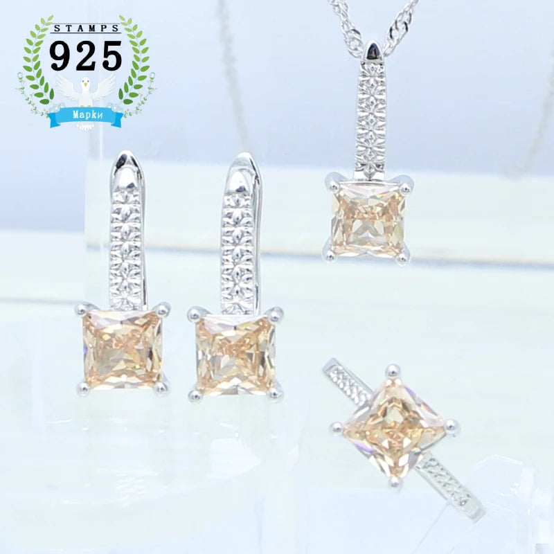 Sterling Silver Jewelry 3Set for Women Square Emerald Open Ring Earrings Pendant Necklace Free Gift Box