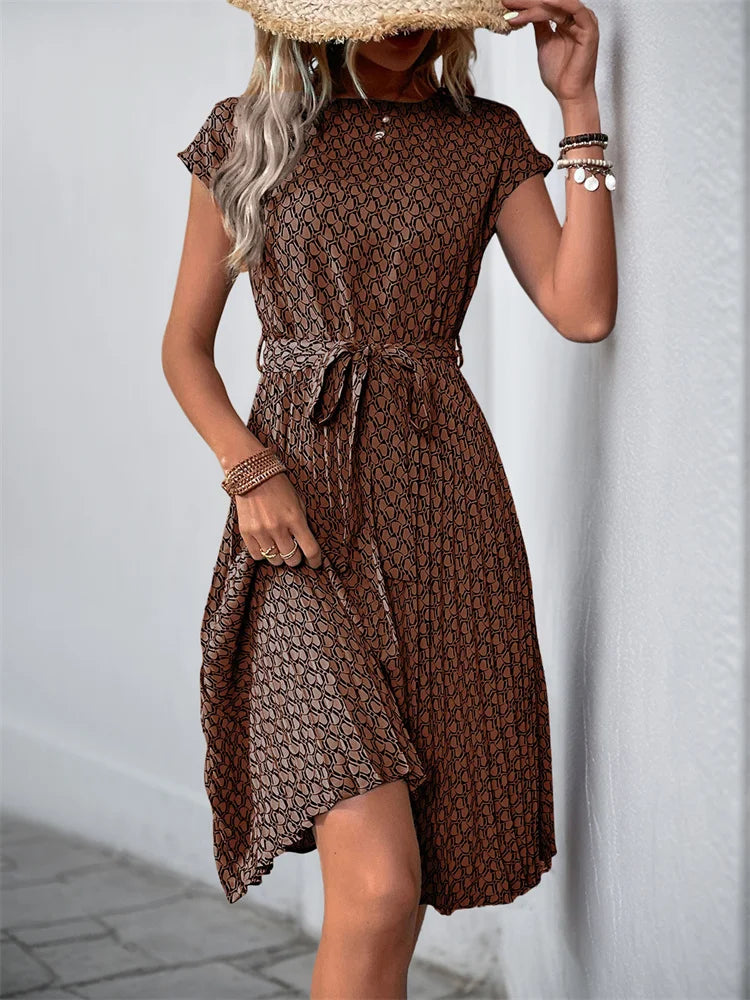 Women O Neck Pleated Medium Long Dress Fashion Print Lace-up Dress