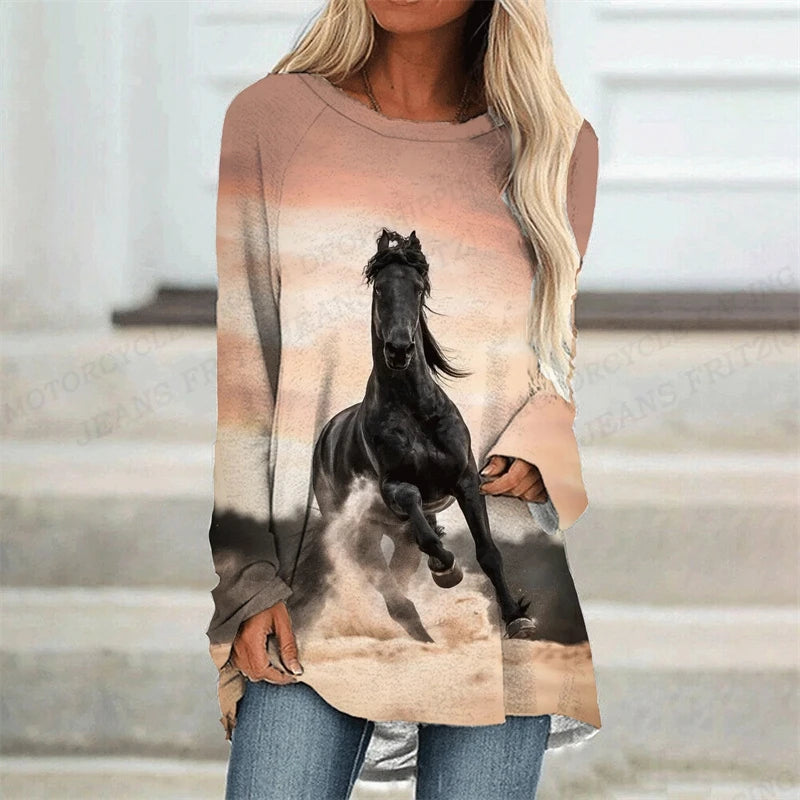 Horse T Shirt Long Sleeve Tops Tees Ladies