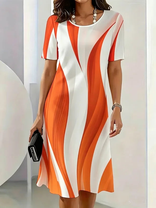 Gradient Striped Pattern Printed Short Sleeve O-Neck Dress