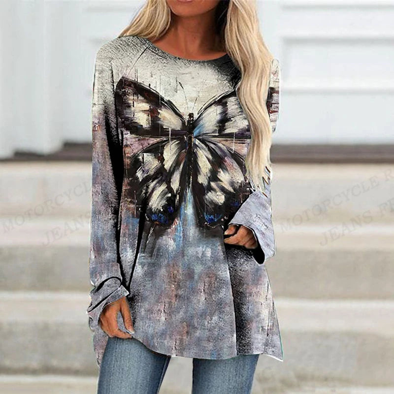 Plant Flowers T Shirt Long Sleeve Butterfly Tops