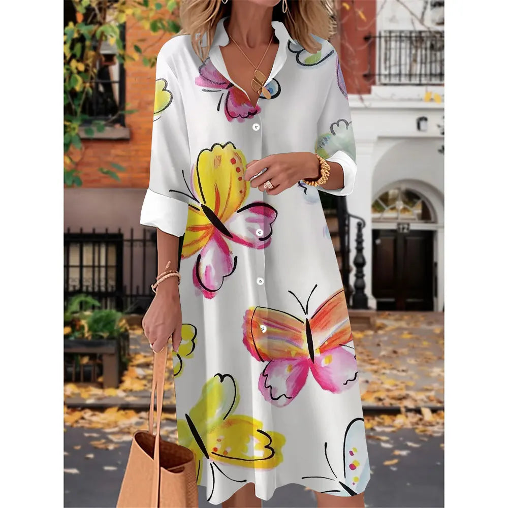 Printed V Neck Long Sleeves Button Sexy  Beach and Party Dress